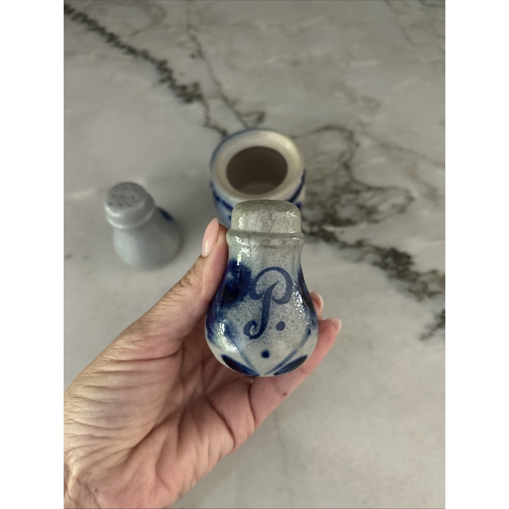 Vintage Stoneware Salt & Pepper Toothpick Holder set POTTERY Cobalt Blue - Picture 6 of 14